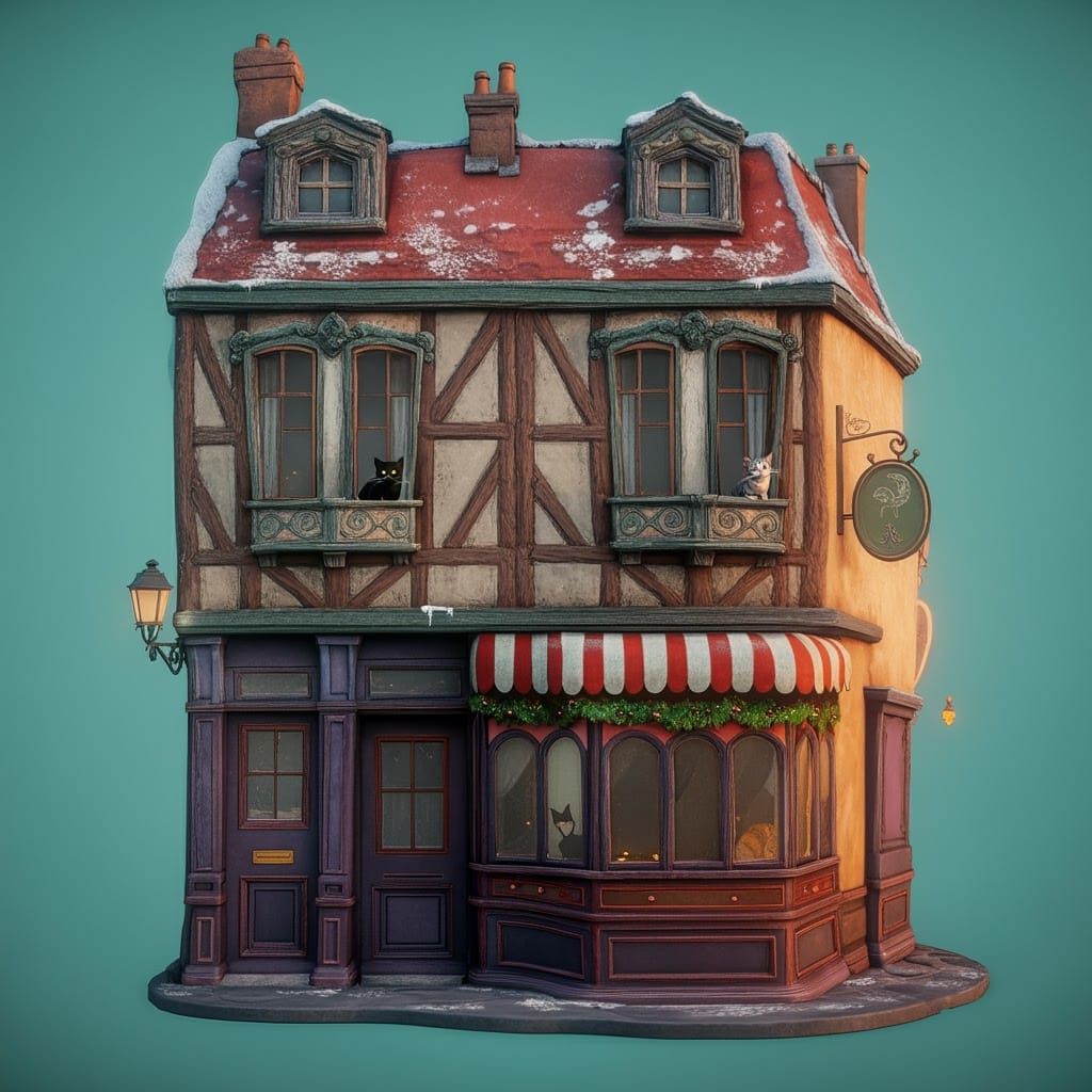 Charming Boulangerie Facade with Cats in Matte Painting Styl...