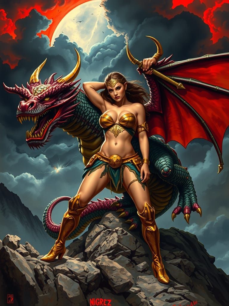 Epic Dragon Warrior in a Golden Bikini, Set Against Darkenin...