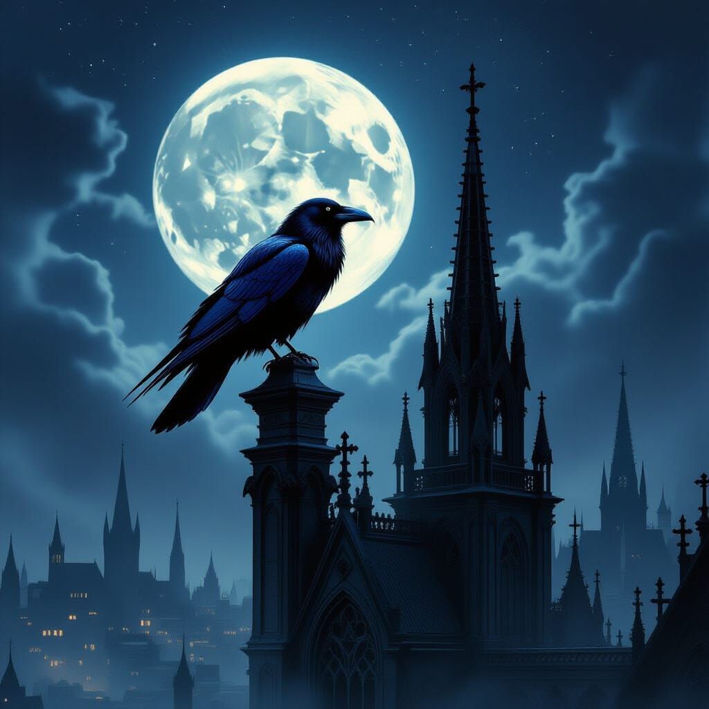 Raven on Gothic Cathedral Spire Under Moonlight