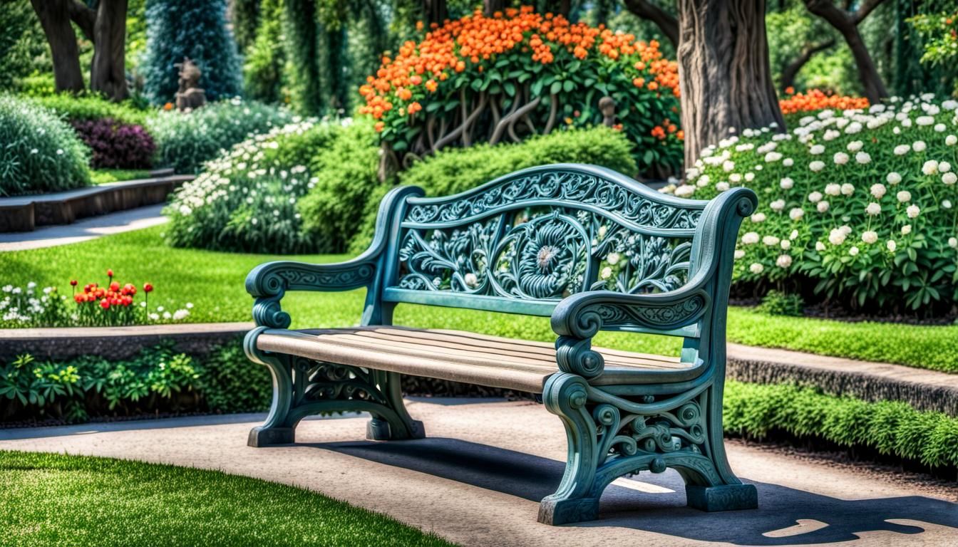 Botanical Garden Park Bench in Hyperrealistic Style