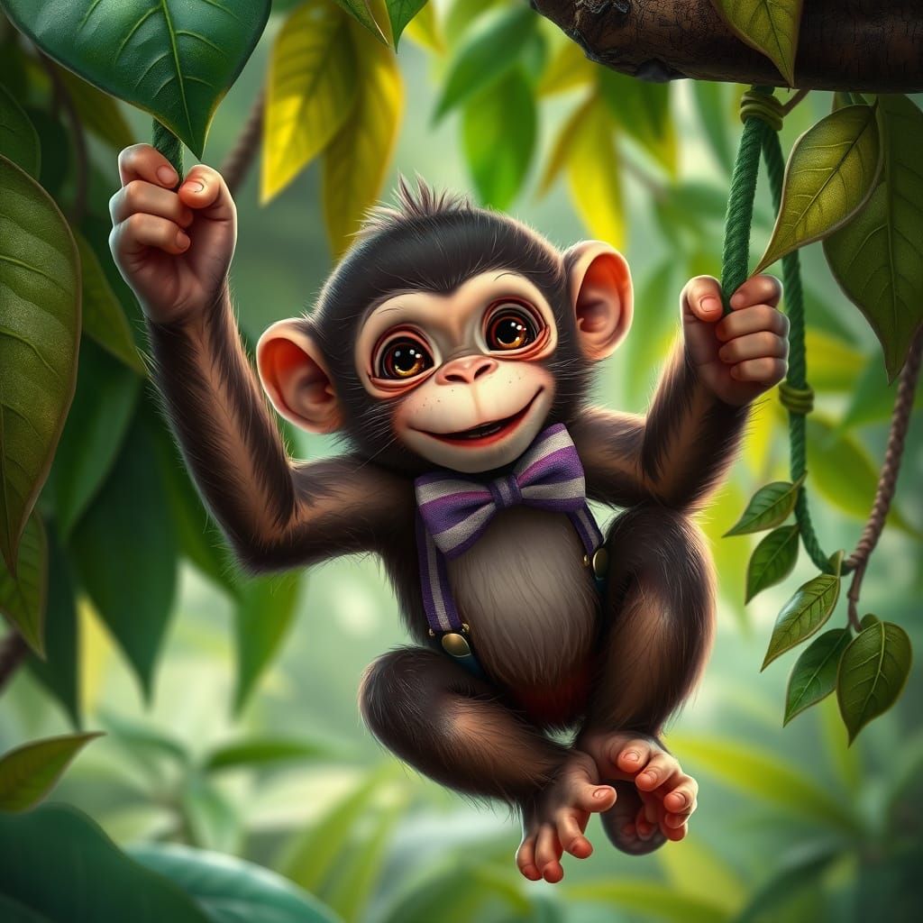 Baby Monkey in Bow Tie Swinging on Vines