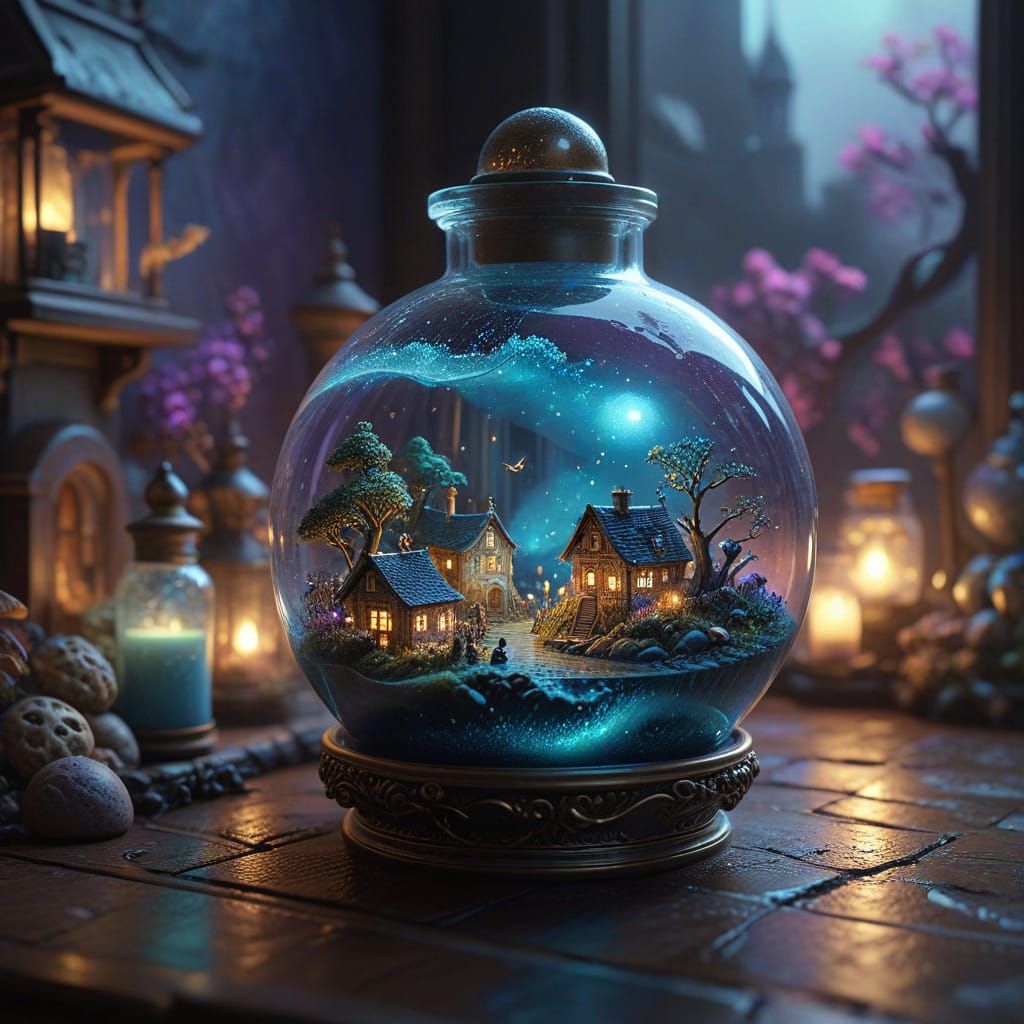 Dreamy Miniature Landscape in an Ornate Glass Bottle