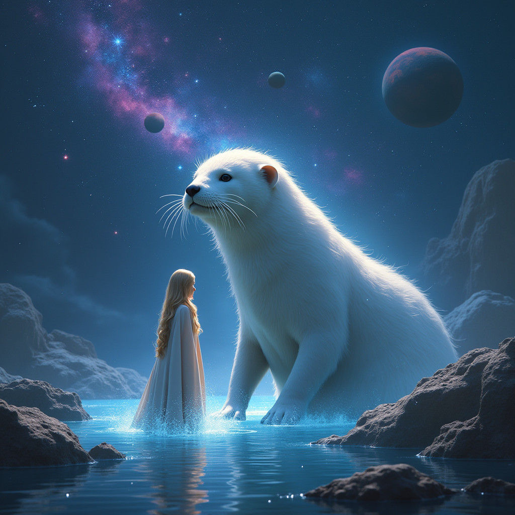 Magical Lagoon Otter with Woman in White Cloak