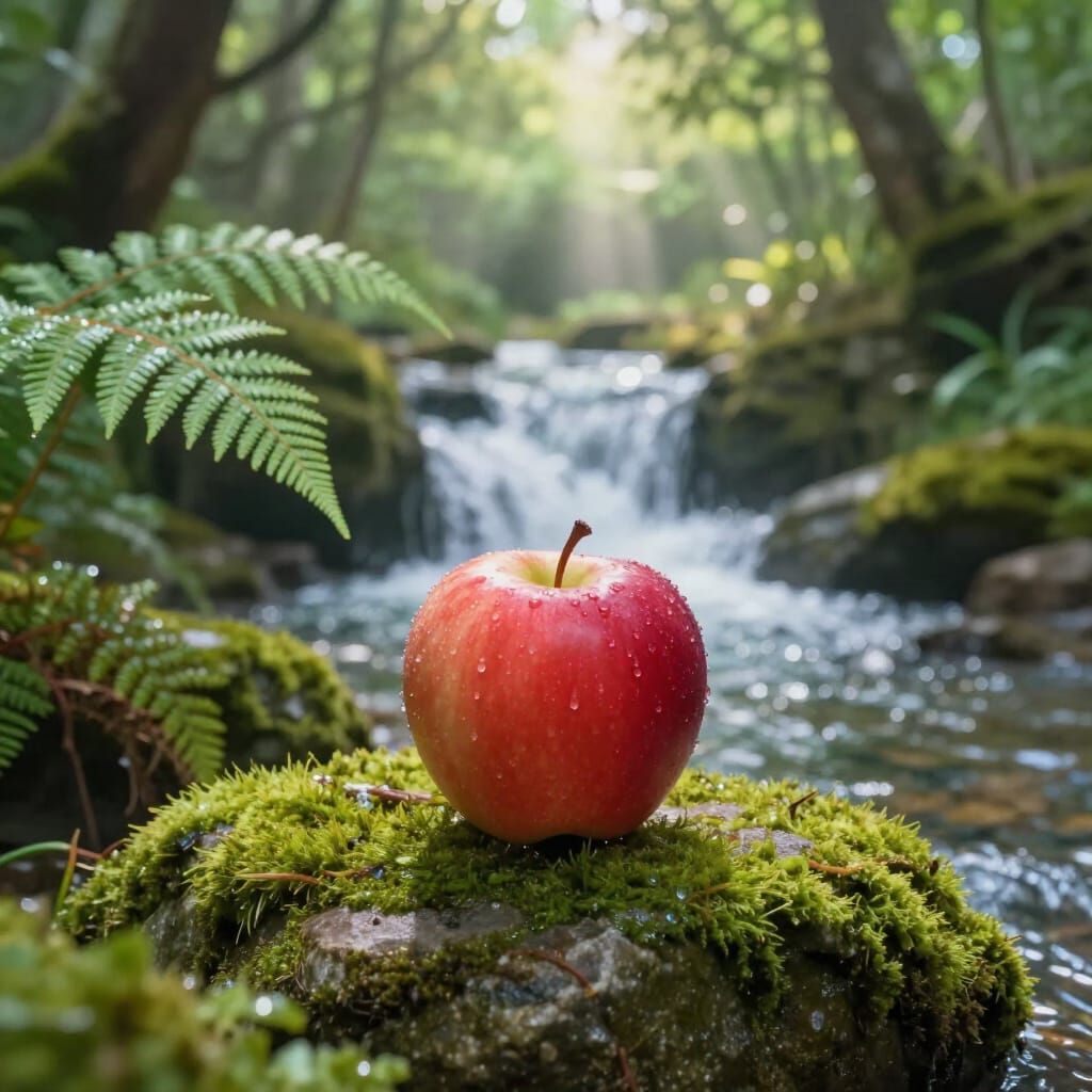 Red Apple by Waterfall in Ghibli Storybook Style