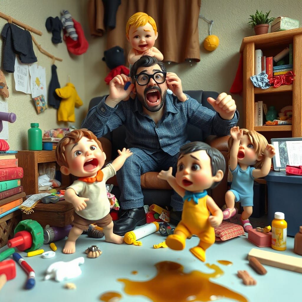 Hilarious Dad Overwhelmed by Kids in Polymer Clay