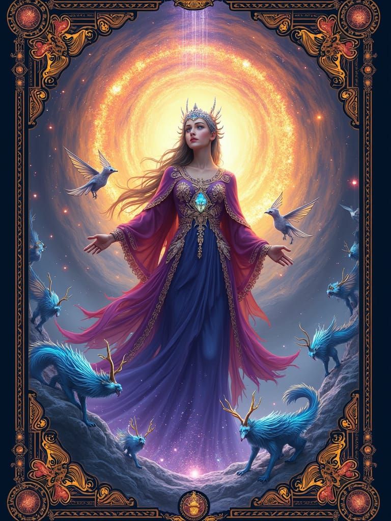 An enchanting and vividly colorful fantasy tarot card illust...
