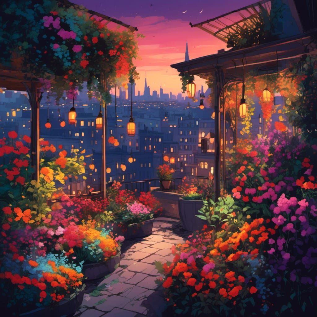 Vibrant Hanging Gardens in Modern City, Cel-Shaded