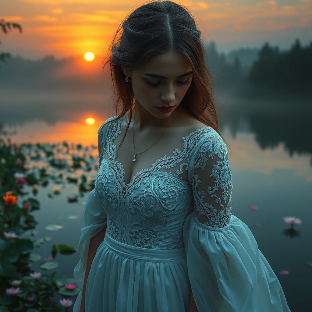 Sorrowful Woman at Lake: Hyperrealistic with Motion Effect