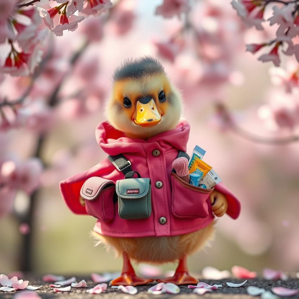 Adventurous Duckling in Cherry Blossom Garden