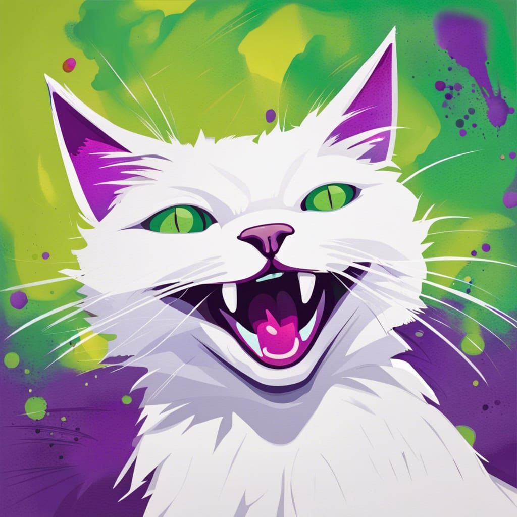 Laughing White Cat Portrait with Purple Abstract Background