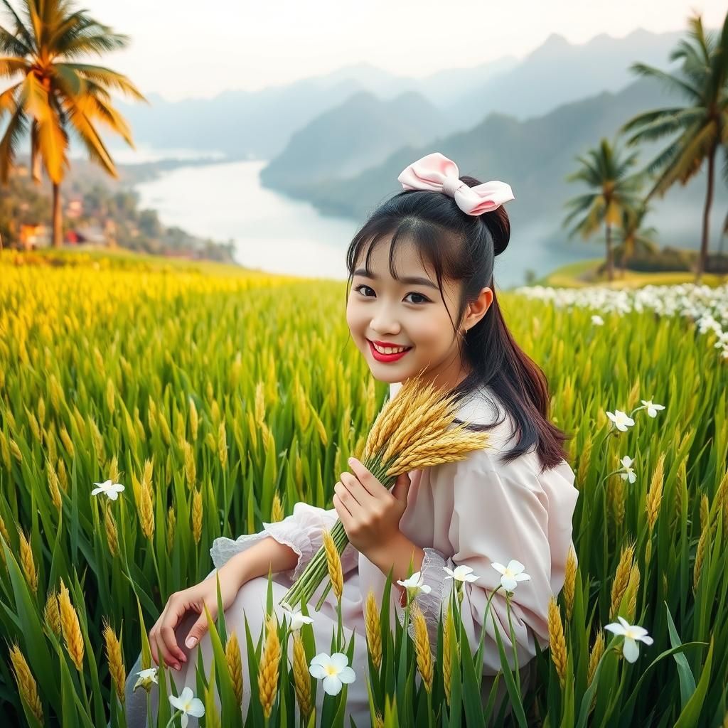 Korean Girl Smiling in Rice Field with Pink Bow