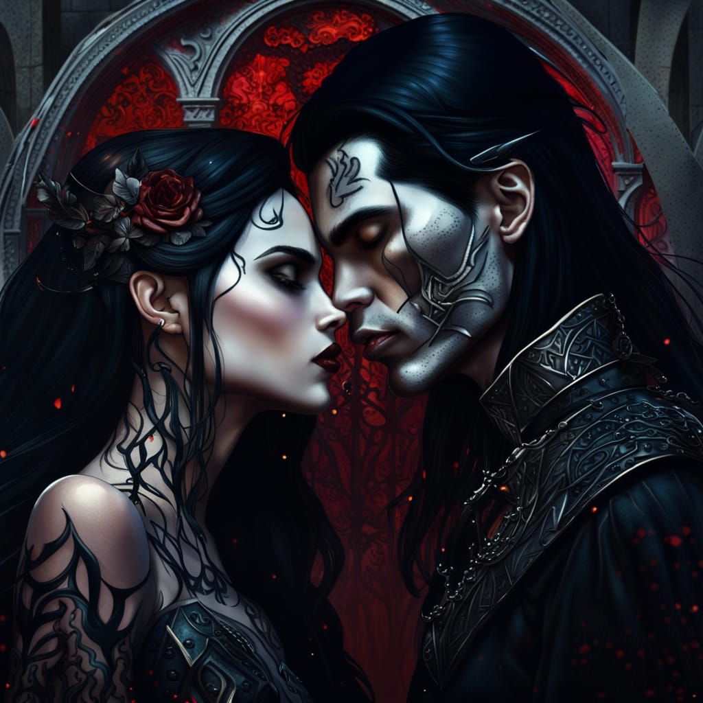 Gothic Twins Kissing Brunette: Noir-Style Matte Painting