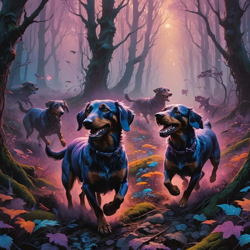 Dachshunds in Mystical Forest: Surrealist Concept Art