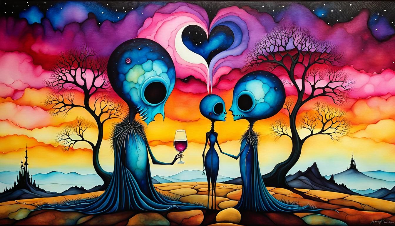 Surreal Creatures' Last Kiss: Alcohol Ink Art