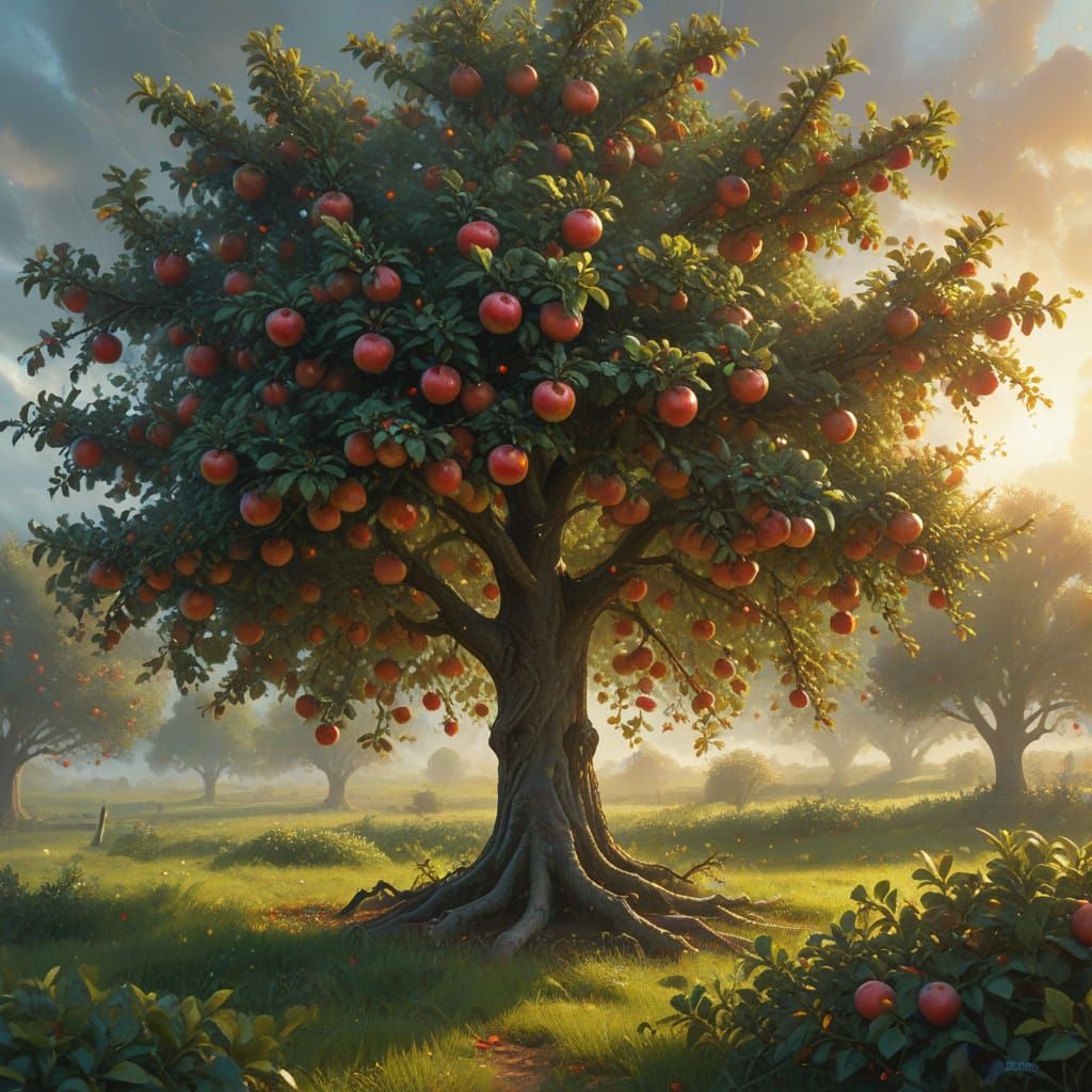 Vibrant Oil Painting of a Glowing Apple Tree at Golden Hour