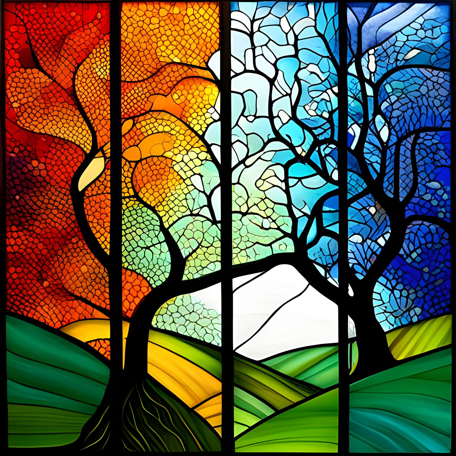 Four Seasons Tree in Stained Glass Style