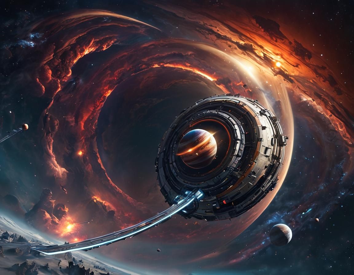 Spaceship Orbiting a Gas Giant with Rings