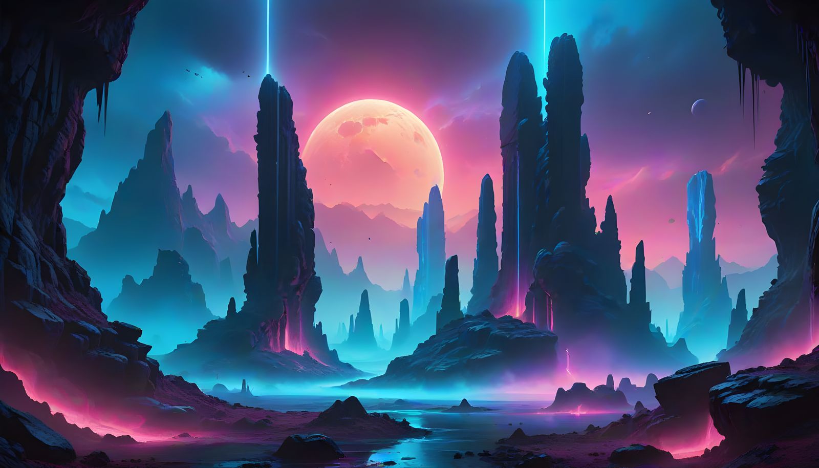 Neon Accents on Alien Basalt Columns