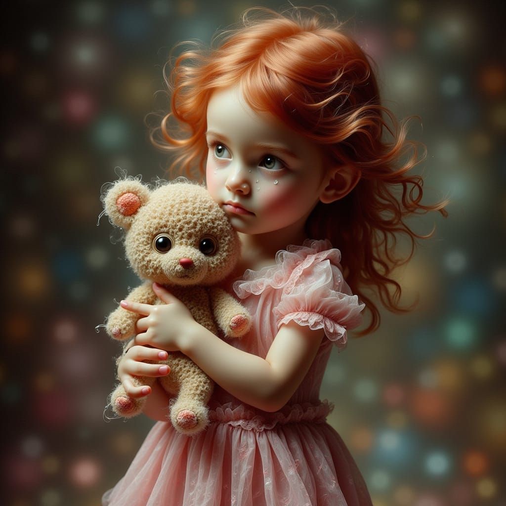 Vulnerable Child with Stuffed Animal, Hyperrealistic Style