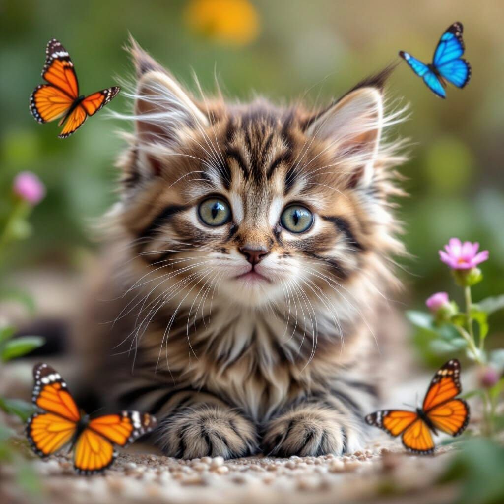 Cute Fluffy Kitten Surrounded by Butterflies