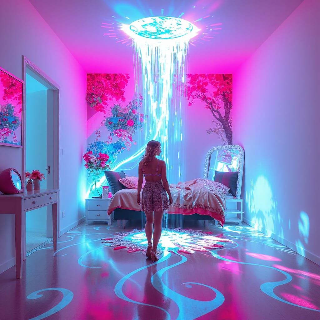 Surreal Waterfall Hologram in Bedroom, Digital Art Style