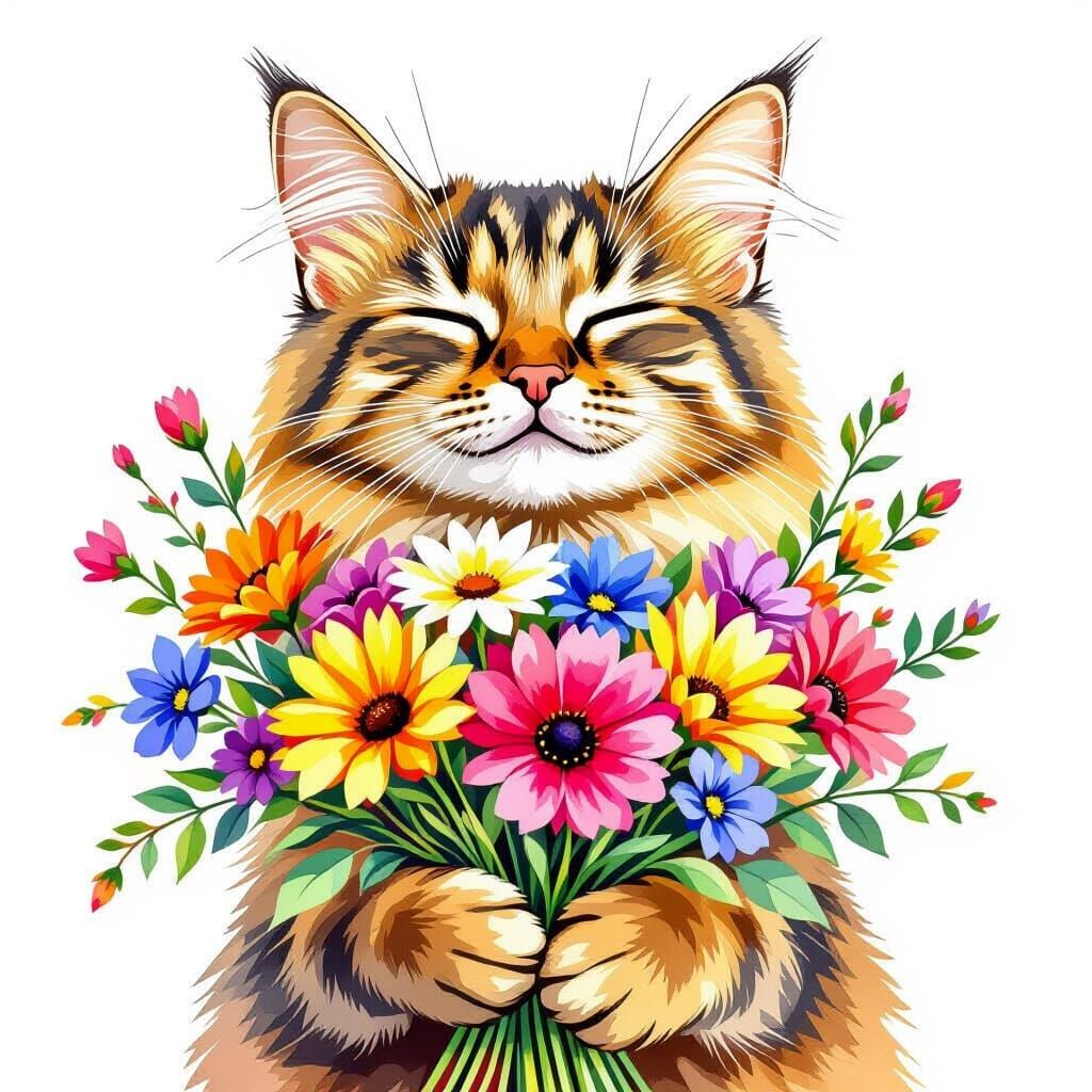 Cute Abyssinian Cat with Flowers in Watercolor Style