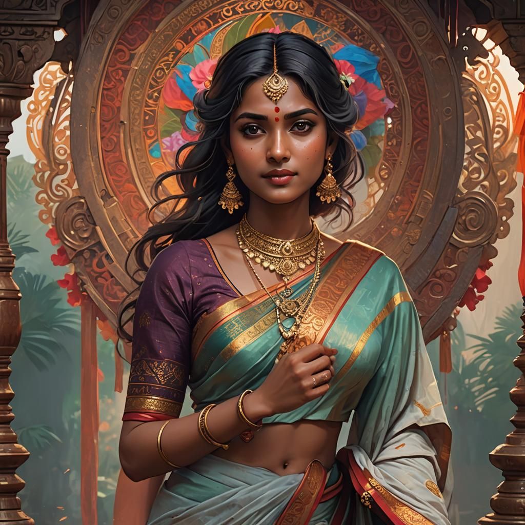 Detailed Portrait of Woman in Saree, Digital Art