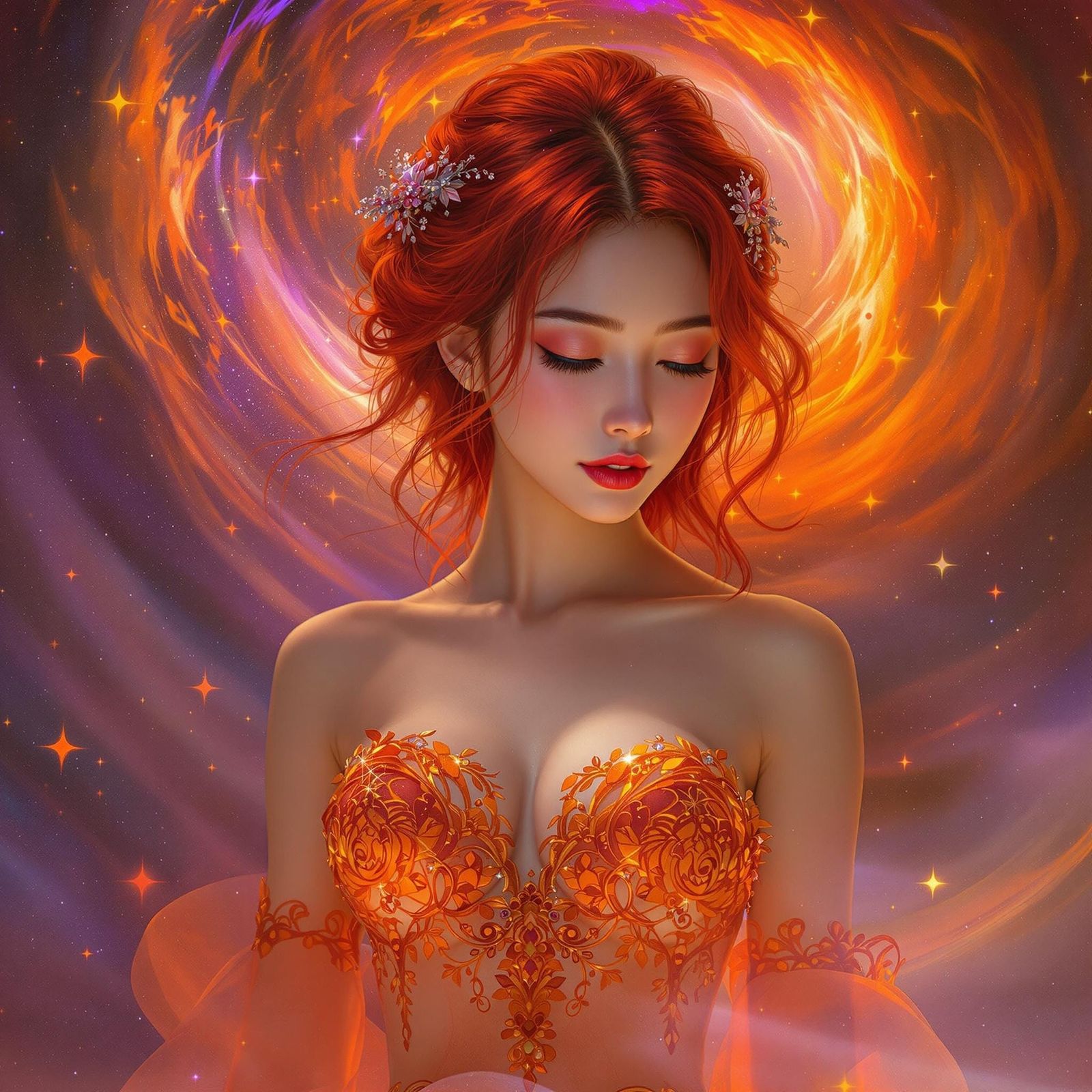 Asian Woman in Nebula Gown: Dreamlike Cosmic Portrait