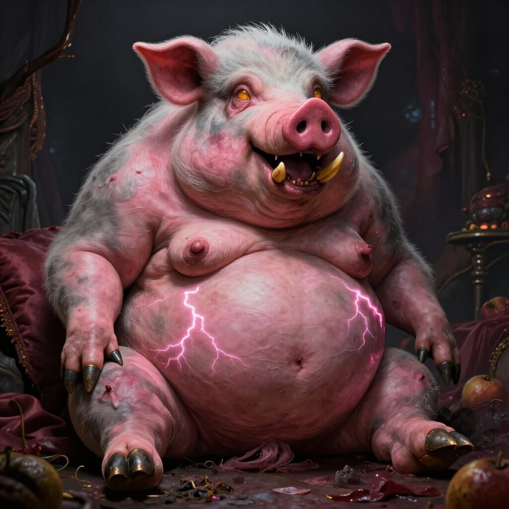 Morbidly Obese Porcine-Humanoid in Infernal Den