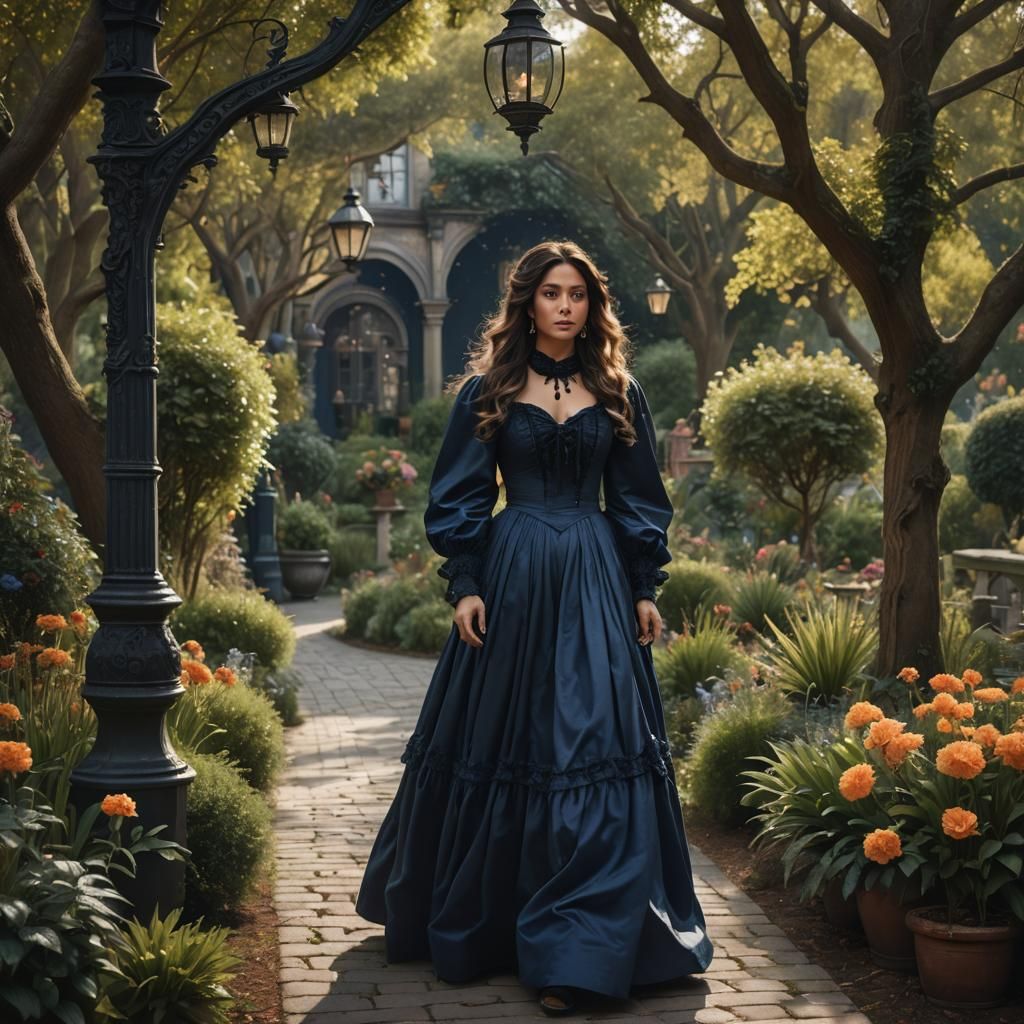 Latina in Victorian Gown in Garden, Detailed Matte Painting