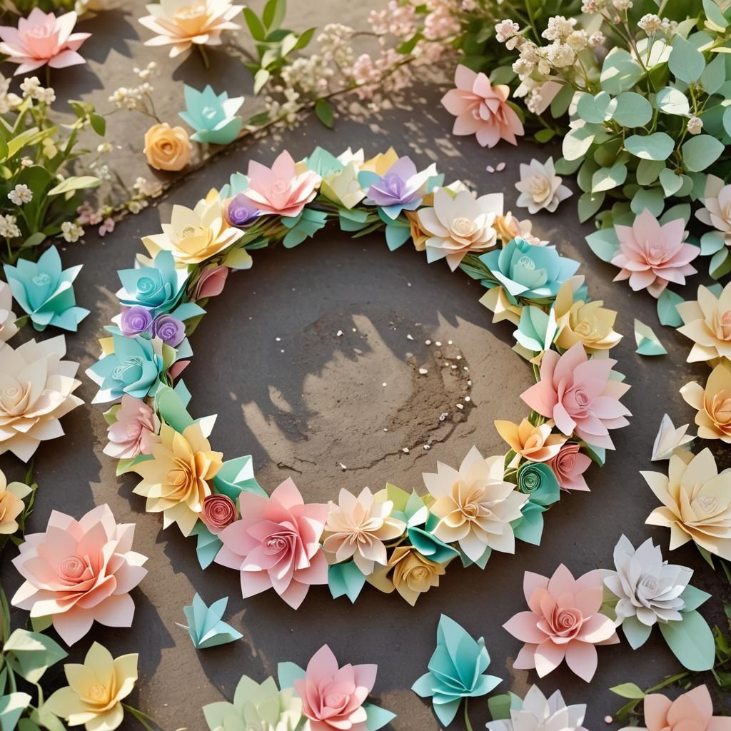 Pastel Origami Flower Crown in Serene Garden