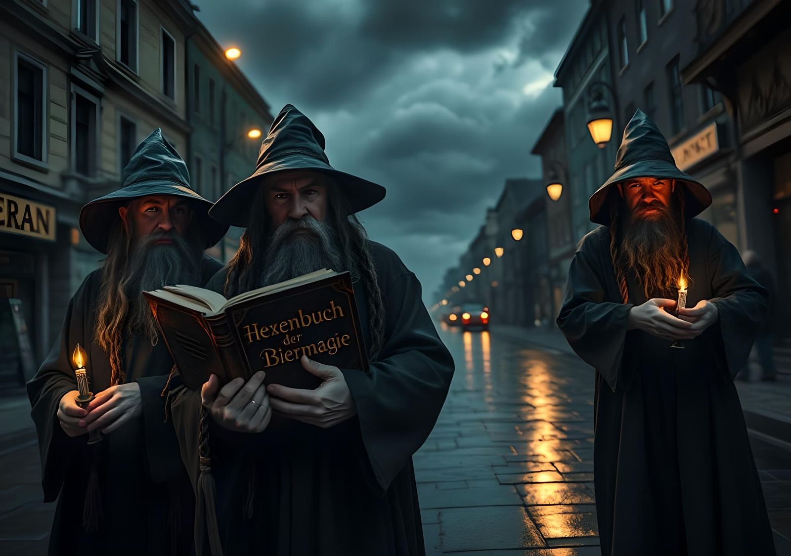 Four Beer Wizards on an Urban Street