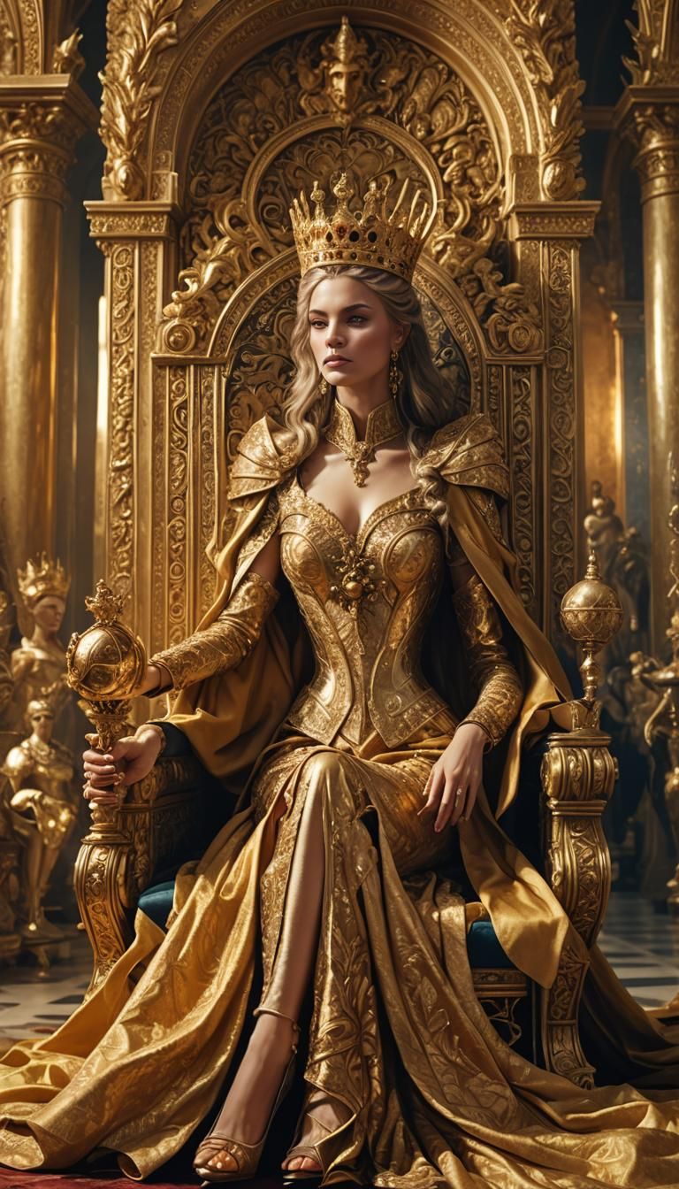 Queen and Princess on Golden Throne in Baroque Style