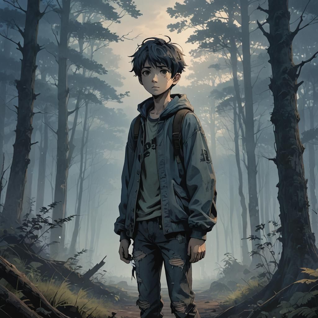 Boy in Misty Forest at Twilight: Anime Style