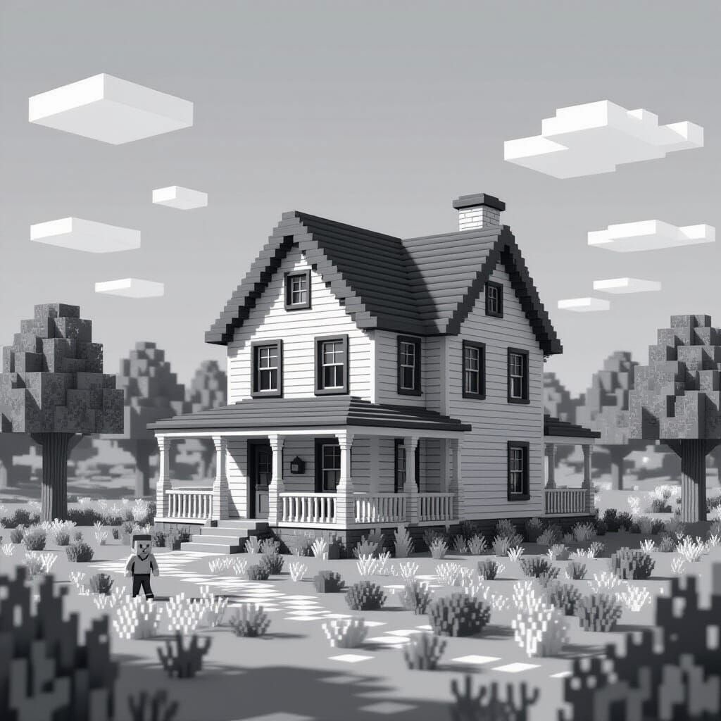Mayberry in Minecraft Style, Monochrome Gray