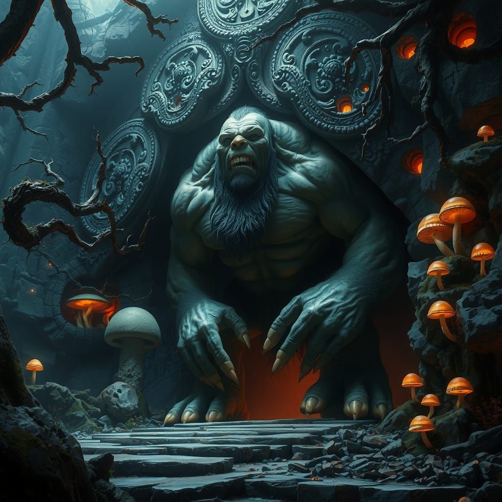 Ogre Sentinel at Cave Entrance in Dark Fantasy Style