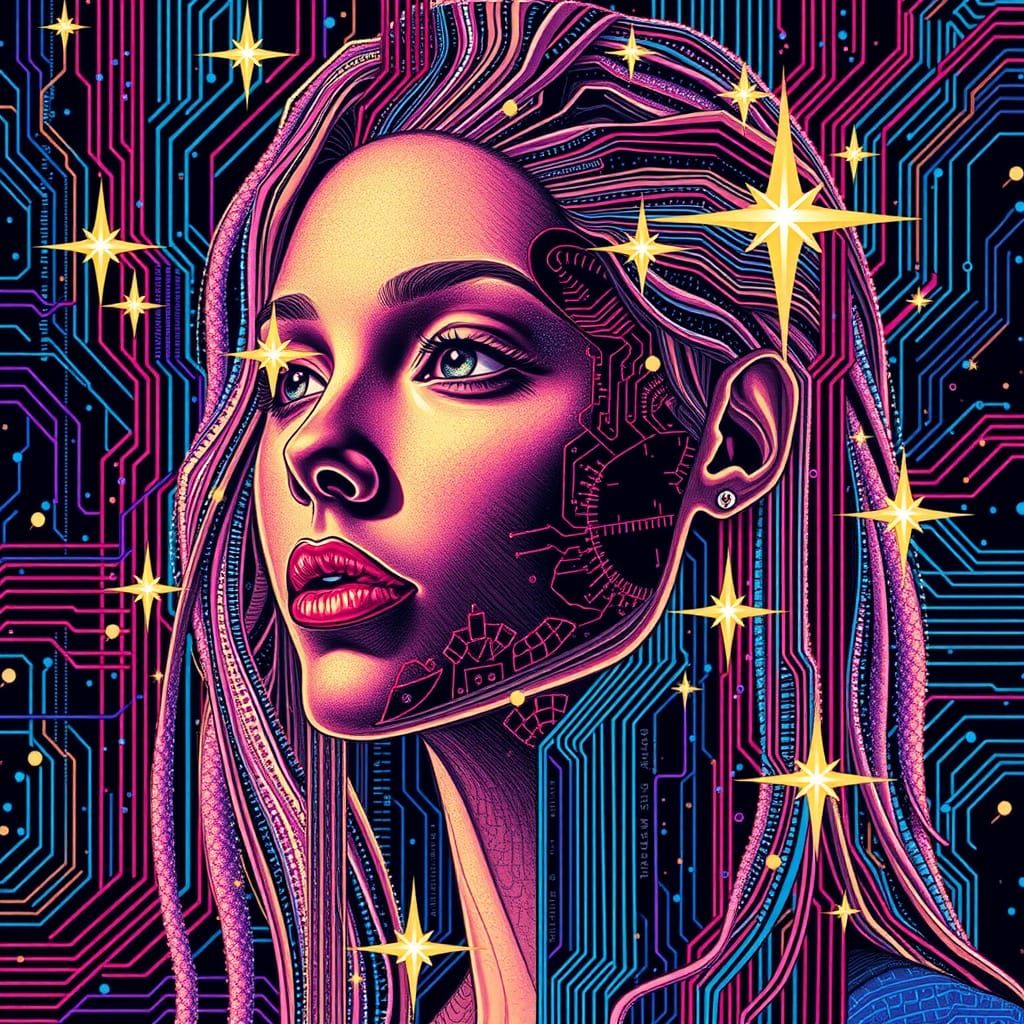 Glitchcore Portrait in Klimt and Sorayama Style