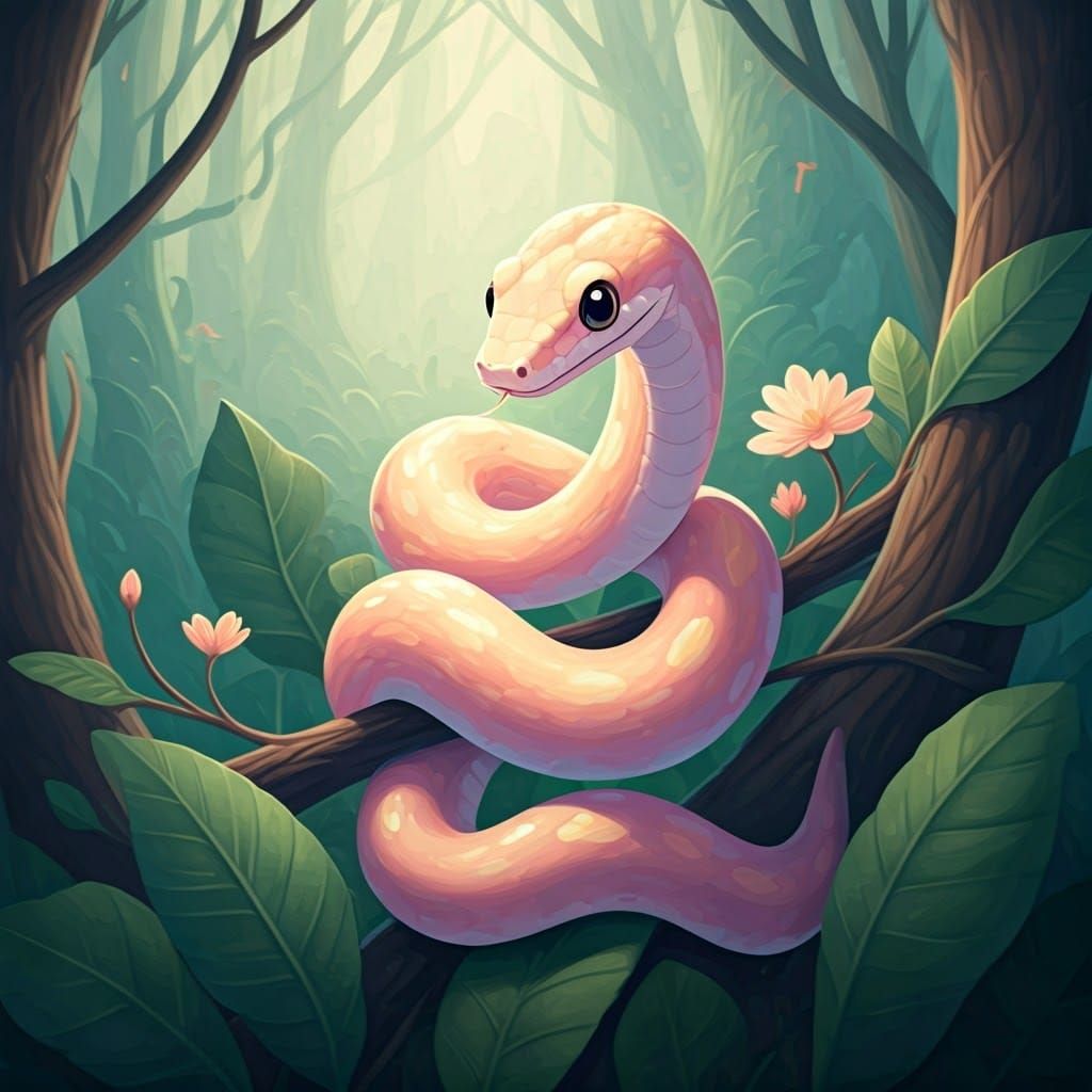 Charming Pastel Snake in Ghibli-esque Forest