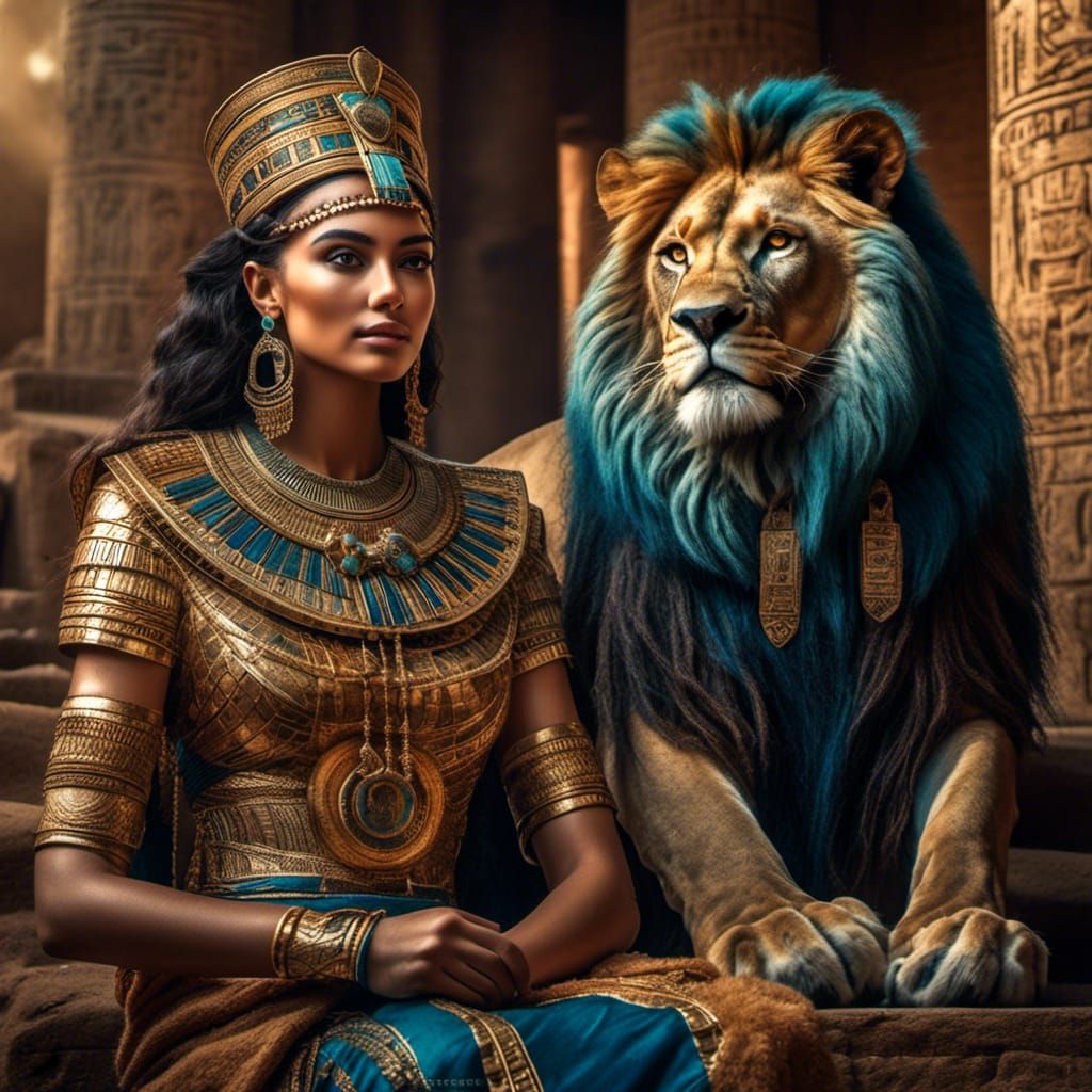 Egyptian Queen with Lion Companion: Hyperrealistic Portrait