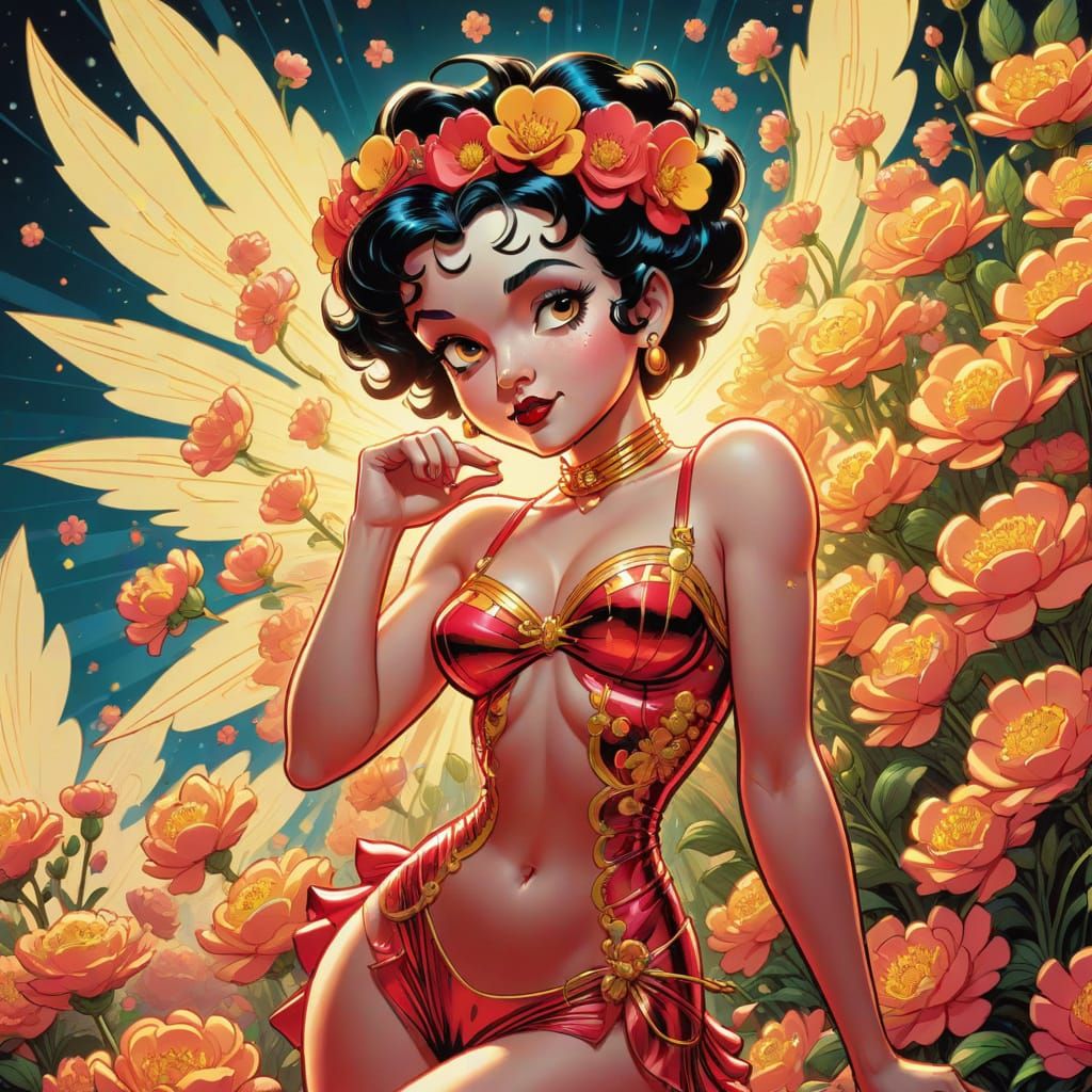 Betty Boop with Glowing Flowers in Comic Style