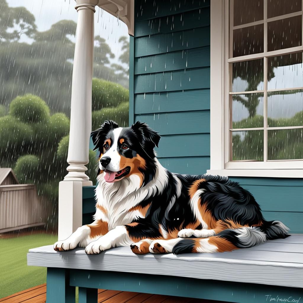 Australian Shepherd on a Rainy Queenslander Porch
