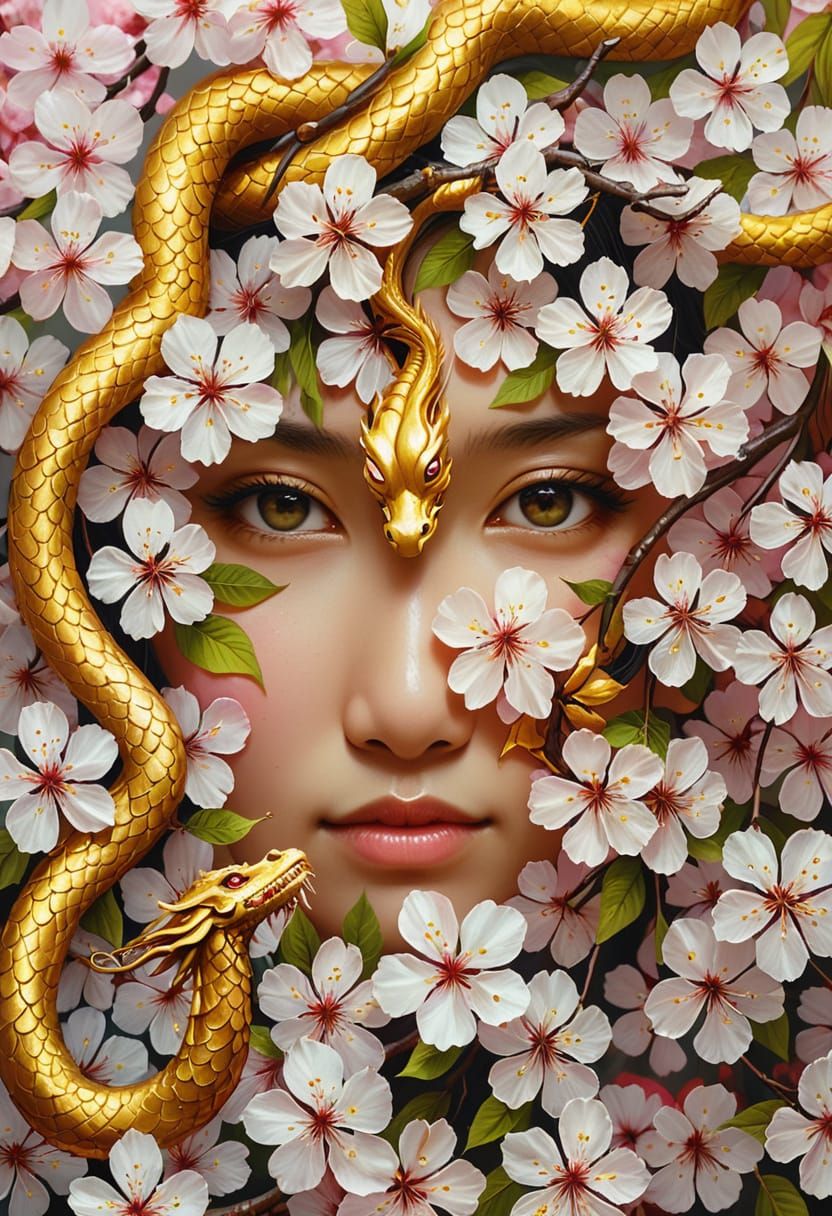Sakura Blossoms Hide an Asian Beauty with Golden Dragon