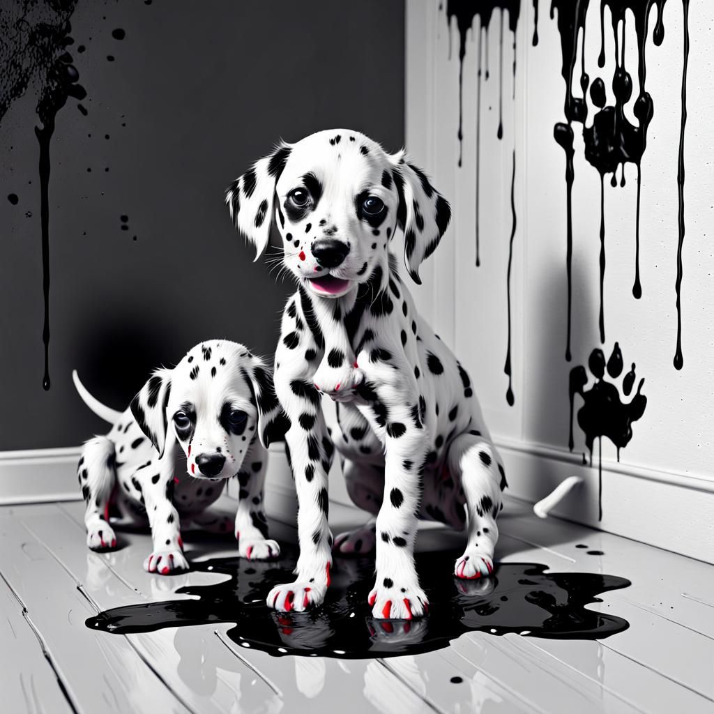 Humorous Dalmatian Puppies Painting in Black and White