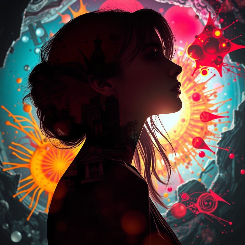 Surreal Double Exposure Portrait in Vibrant Graffiti Style