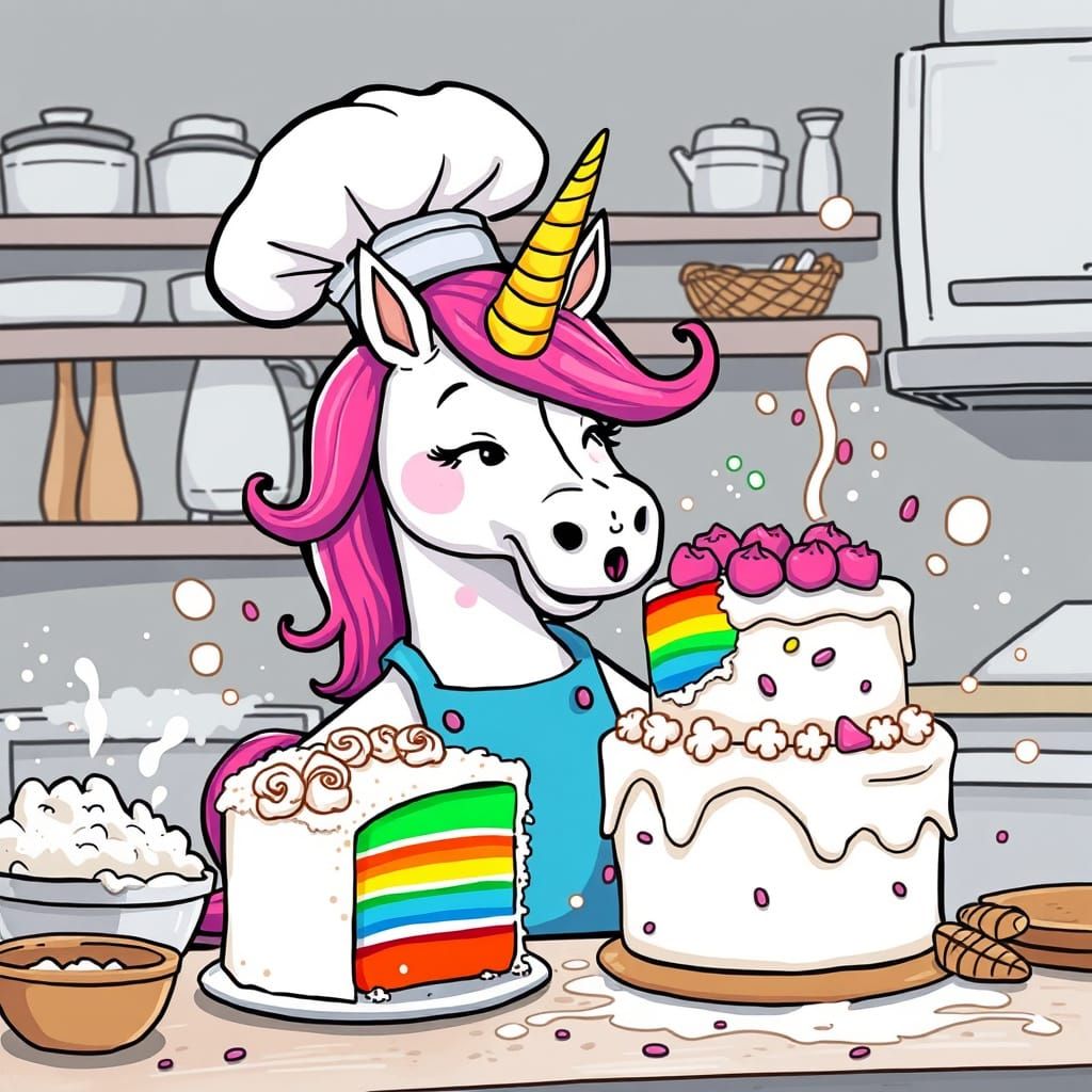 Unicorn Chef Bakes Rainbow Cake in Whimsical Style