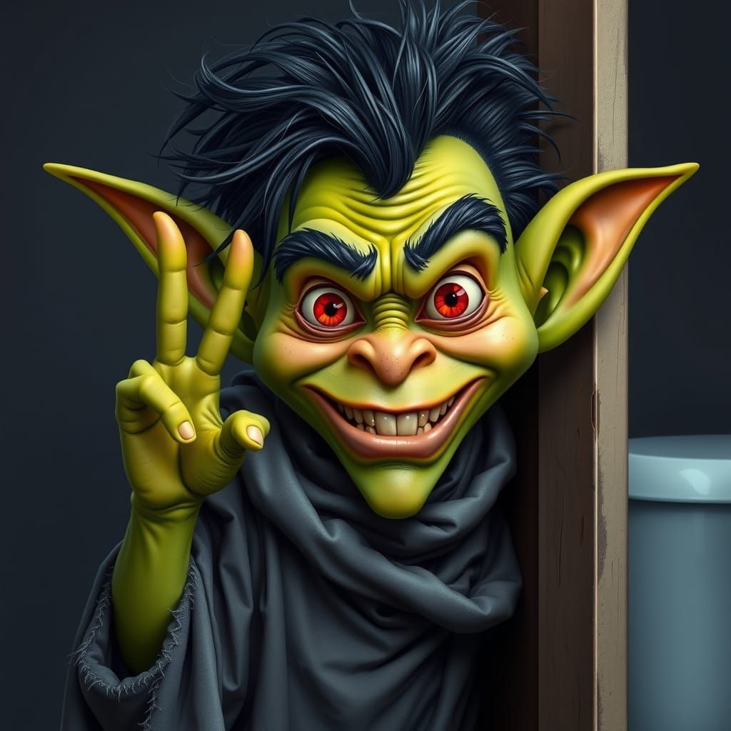 A funny green goblin with wide naughty smile