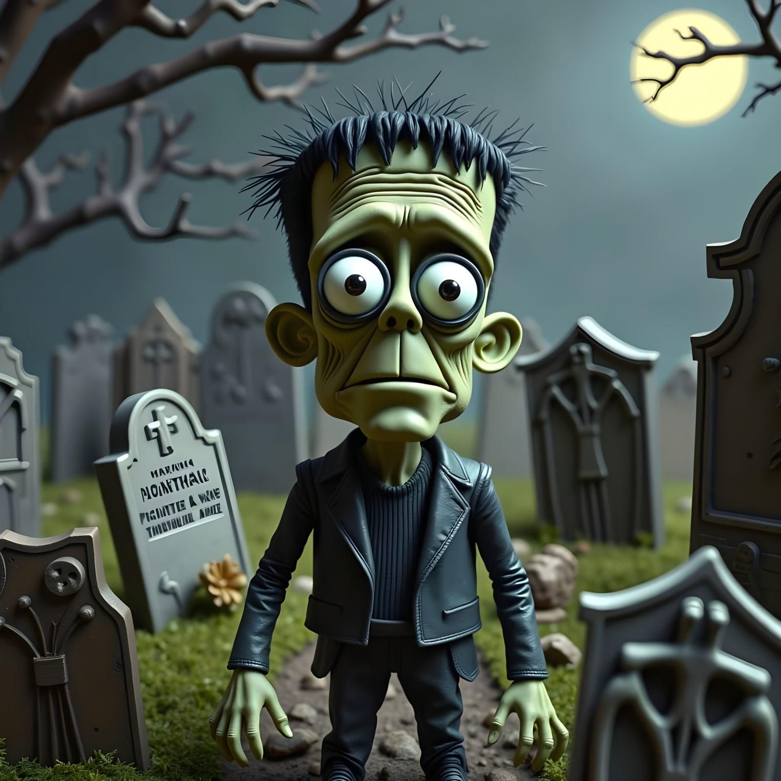 Claymation Frankenstein Monster in Moonlit Graveyard