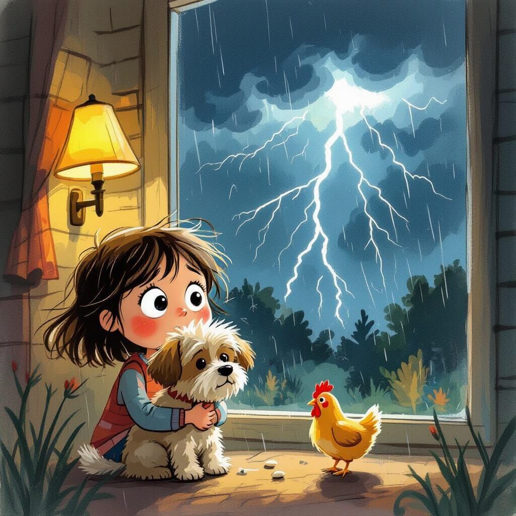 Girl and Dog Hiding from Storm in Whimsical Illustration