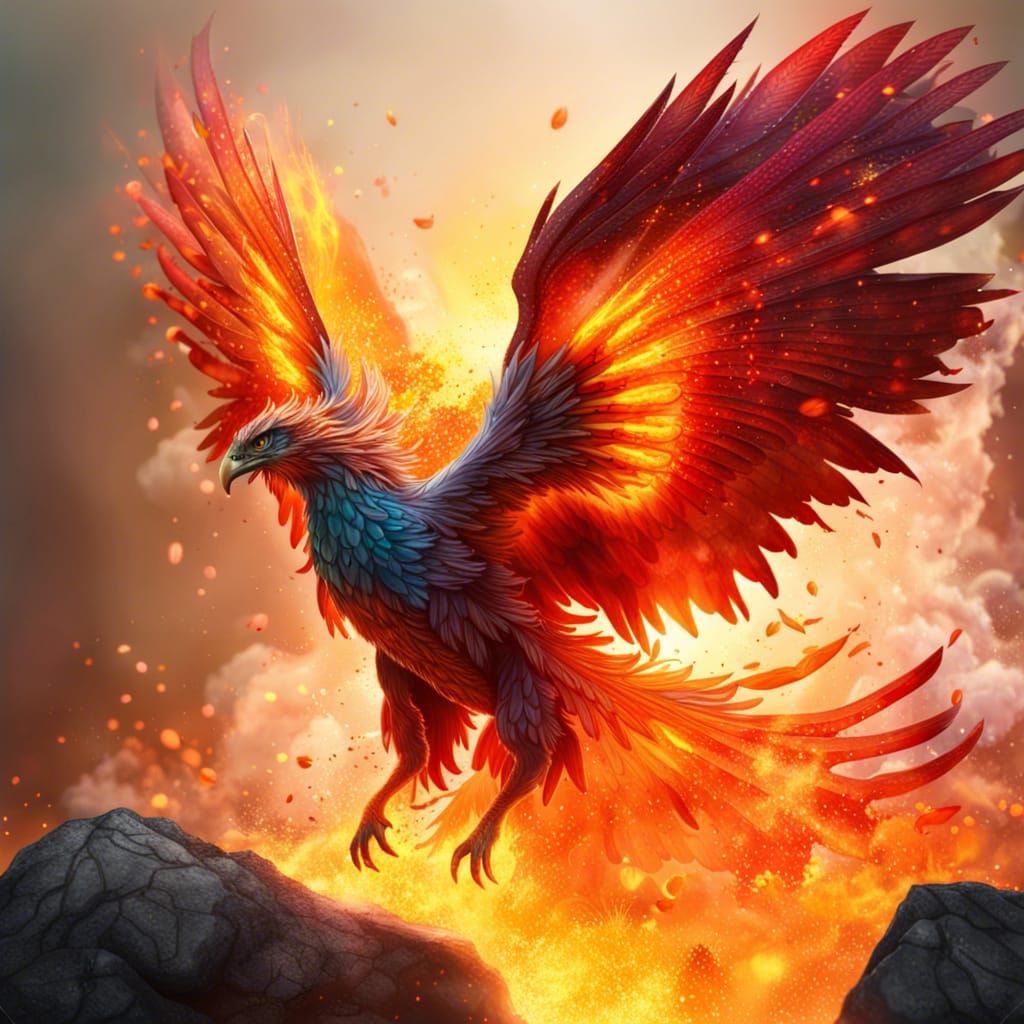 Burning Phoenix Soaring Over Rock Formation
