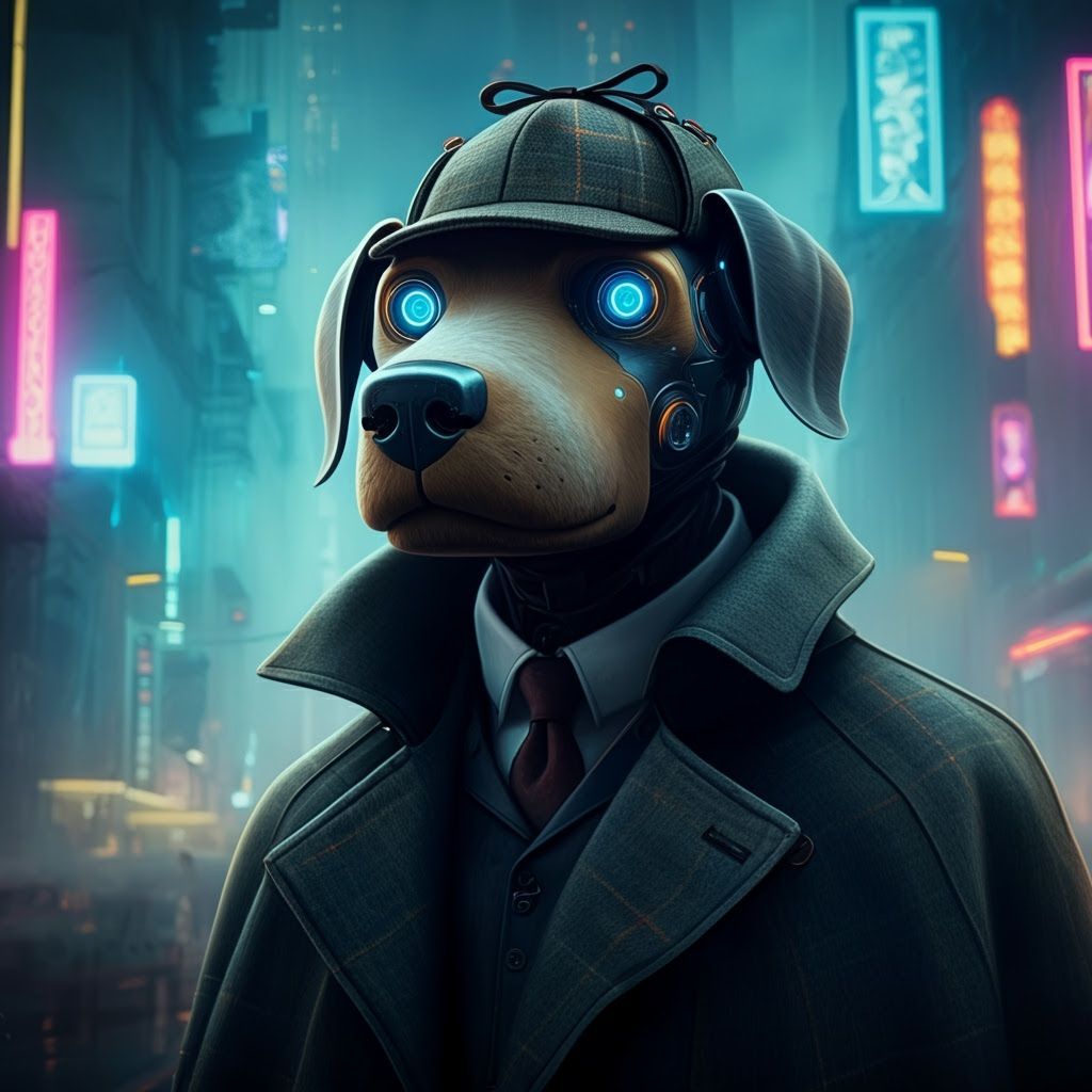 Cyberpunk Robotic Dog Detective in Neon Cityscape